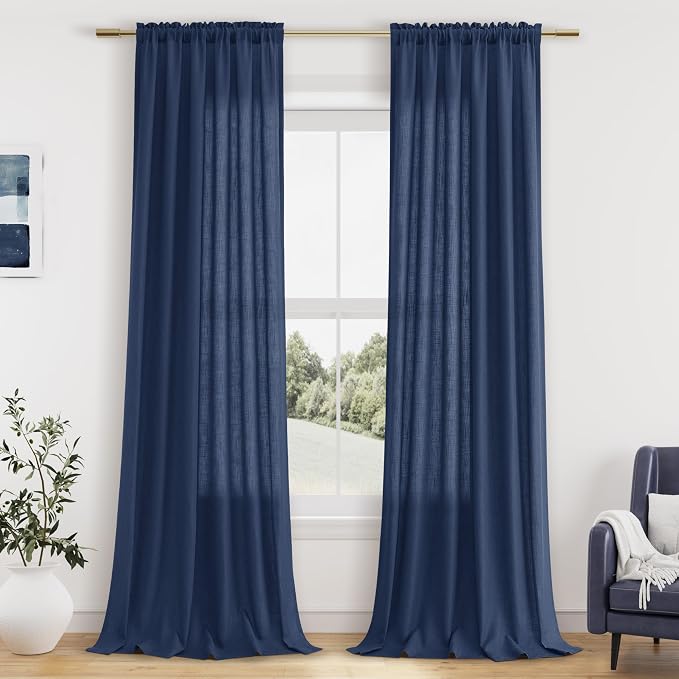 Denim Blue Linen Curtains 96 Inches Long 2 Panel Set Rod Pocket Semi Sheer Dining Room Cozy Bedroom Decor Cotton Look Country Rustic Farmhouse Boho Curtains 52x96