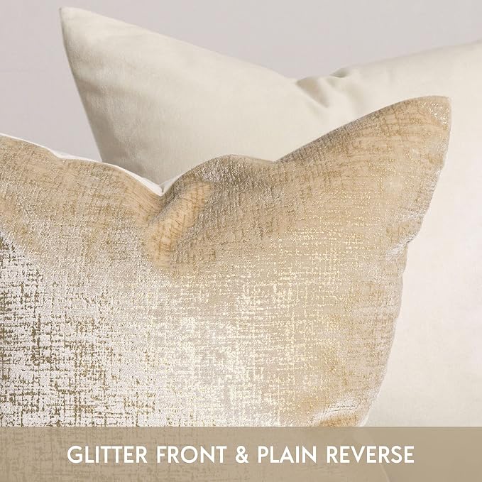 Phantoscope Pack of 2 Sparkling Velvet Decorative Solid Throw Decorative Pillow Cover Soft Gold Glitter Square Cushion Cover Pillowcase for Couch Bed and Chair, Beige, 18 x 18 inches, 45 x 45 cm