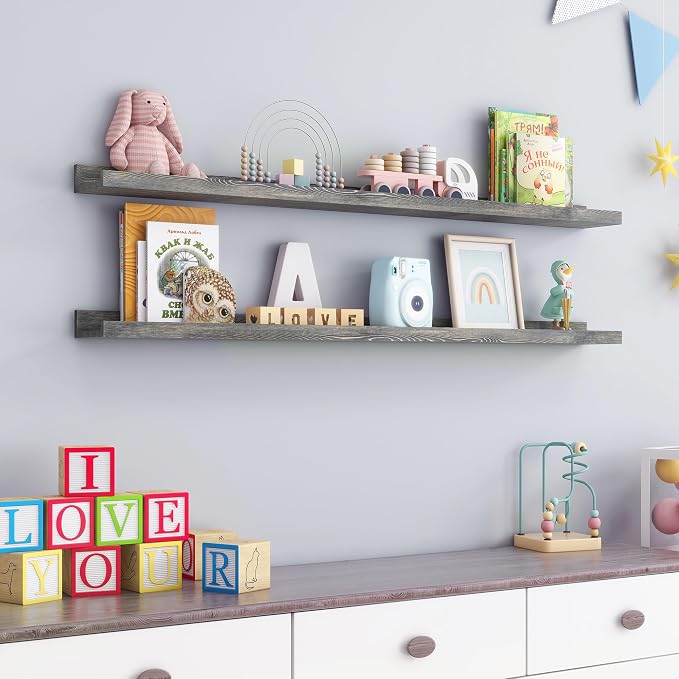 FLYJOE 48 Inches Long Floating Shelves for Wall, Solid Pine Wood Picture Ledge Shelves, Wall Shelves with Lips, Nursery Book Shelves for Toys Storage Living Room Bedroom Photo Frames (2 Pcs, Grey)