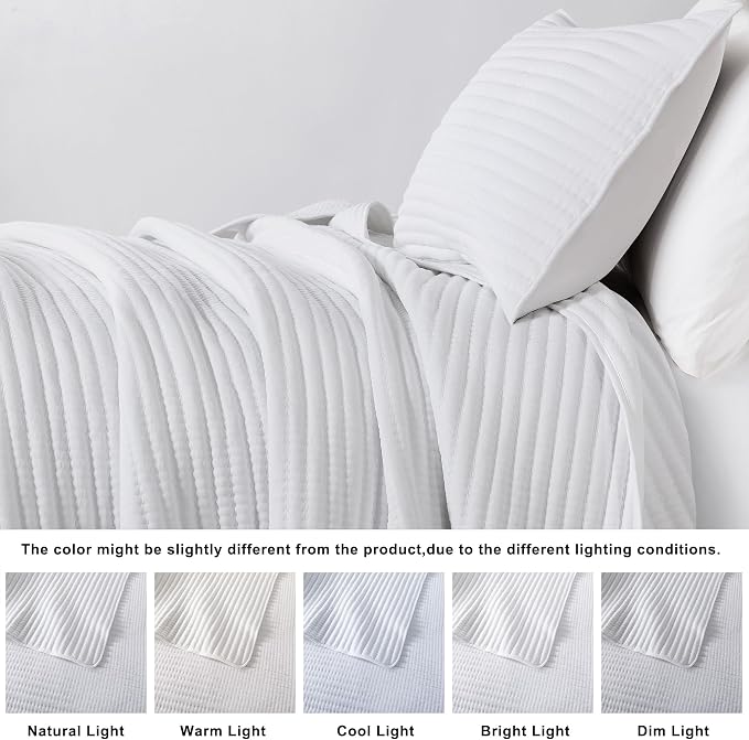 WDCOZY King Size Pick Stitch Quilt Set, 3 Pieces 104x90 inches, White | Striped Lightweight Bedspread, Channel Farmhouse Coverlet, Thin Bedding Comforter, All Season Summer Spring, 2 Pillow Shams