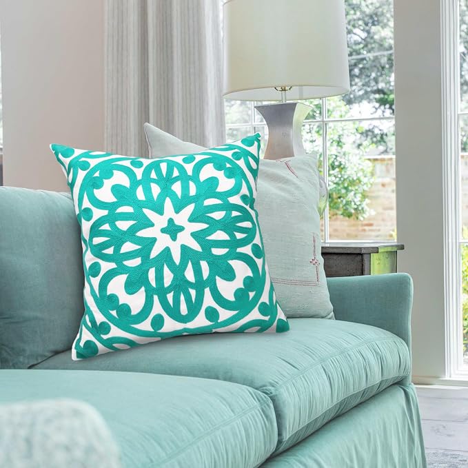 Alysheer Embroidered Spring Decorative Throw Pillow Cover 18"x 18" Set of 2, Boho Mandala Embroidery Turquoise Green Patterned Cushion Case for Sofa Couch Living Room Bedroom Outdoor