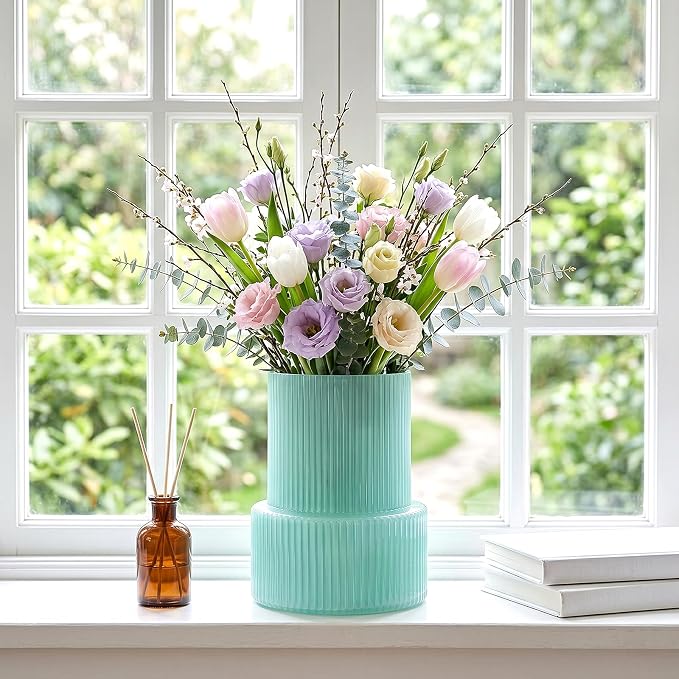 Green Ribbed Glass Vase, Modern Design Flower Vase | Home Decor for Living Room, Dining Table, Entryway, Office, Wedding Centerpieces