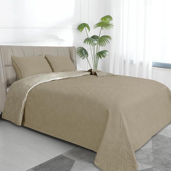 Easy-Going Reversible Quilt Set Full/Queen, Bedspread with 2 Shams | Olive leaf-Beige/Beige, Lightweight Bed Comforter, 1 Quilt + 2 Pillow Shams, All-Season Coverlets for Bedroom