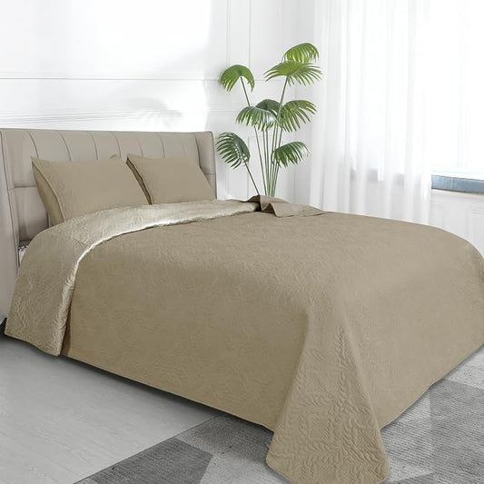 Easy-Going Reversible Quilt Set Twin, Bedspread with 1 Shams | Olive leaf-Beige/Beige, Lightweight Bed Comforter, 1 Quilt + 1 Pillow Shams, All-Season Coverlets for Bedroom