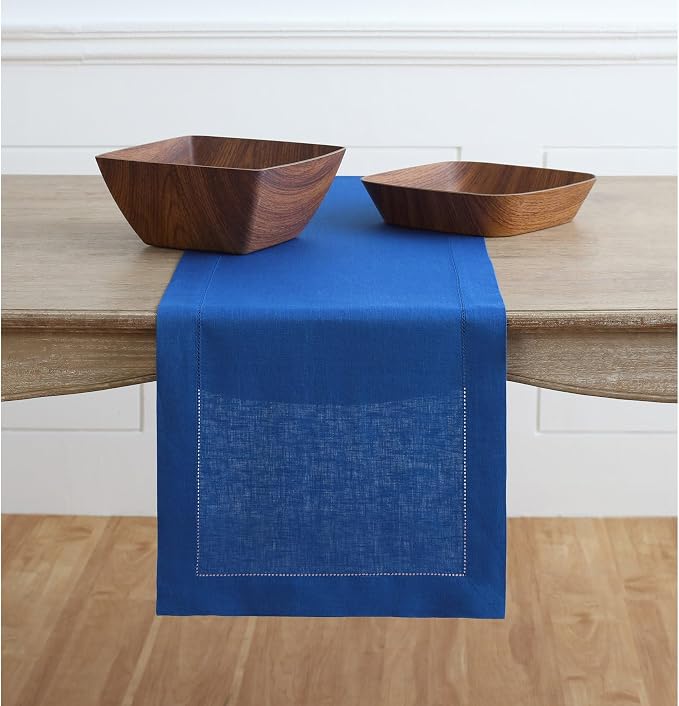 Solino Home 100% Pure Linen Table Runner Blue, Classic Hemstitch 14 x 72 in | a graceful centrepiece for dining and gatherings, hemstitched border, mitered corners, machine washable, OEKO-TEX Certified