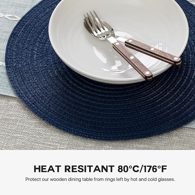 BARoyal Round Placemats Set of 4 Woven Placemats Washable Braided Table Mats for Dining Table Heat Resistant Non-Slip Circle Place Mats(Navy Blue)