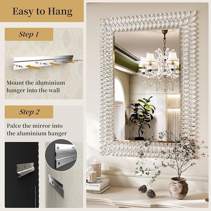 Kelly Miller 28"x40" Jeweled Luxury Rectangle Decorative Wall Mirror | Elegant diamond beveled vanity mirror. Perfect large wall mirror for living room, bathroom, entryway.