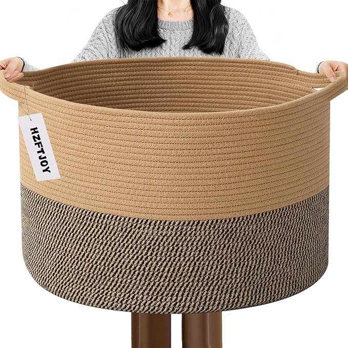65L Large Blanket Basket,Rope Woven Laundry Baskets-Jute&Black | Collapsible, reinforced handles, nursery storage bin organizes clothes, toys and pillows for living room, bedroom bathroom