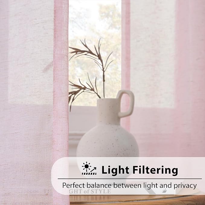 FMFUNCTEX Pink Linen Sheer Curtains, 96 Inches, 2 Panels for Bedroom | Semi Sheer Drapes, Flax Linen, Rod Pocket, Light Filtering, Farmhouse French, Kitchen, Privacy, Girls, for Living Room