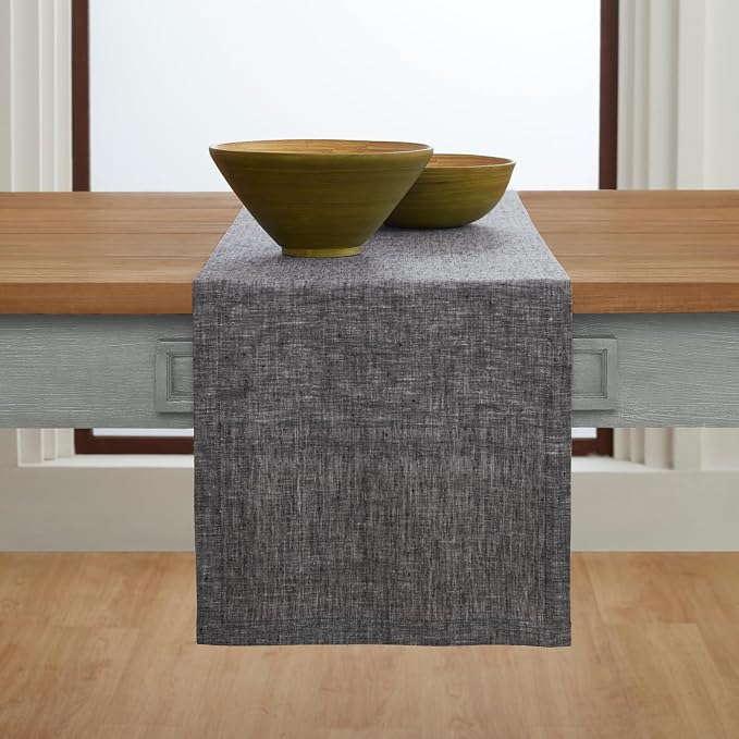 Solino Home 100% Pure Linen Table Runner Black Long, Athena 14 x 156 in | brings a tailored look to family meals and hosting, European flax fibres, naturally breathable, soft, OEKO-TEX Certified
