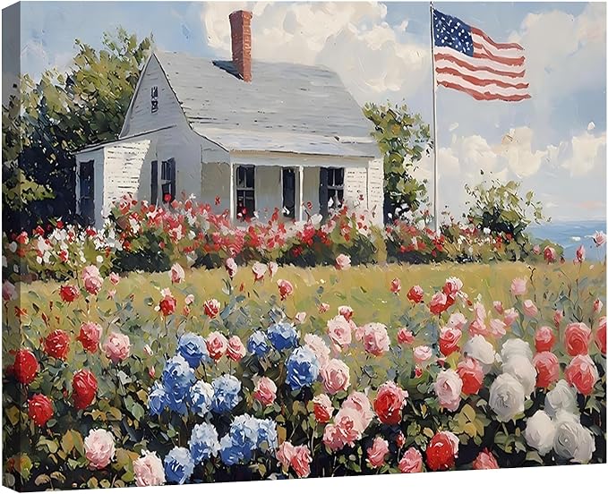 RIBNTAK Patriotic American Flag & Floral Farmhouse Canvas Wall Art, 4th of July Coastal Cottage Pictures, Wildflower Landscape, Independence Day Wall Decor for Living Room, Kitchen, Made USA