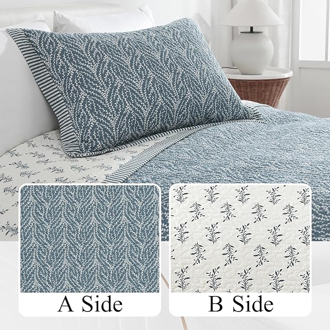 SahSahCasa Quilt Set King Size, 100% Cotton Quilt Bedding Set Bedspread, Botanical Pattern Solid Color Chic Lightweight Quilted Comforter for King Bed, White/Grayish-Blue, All Season, 3 Pieces
