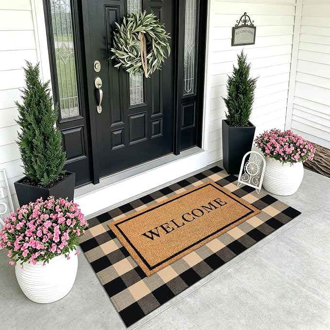 KOZYFLY Buffalo Plaid Area Rugs 3x5 Ft Brown and Black Checkered Rug | Washable Front Door Mat, Woven Cotton Outdoor Rug, Large Rug for Front Porch Kitchen Entryway Patio, Indoor Farmhouse Rugs