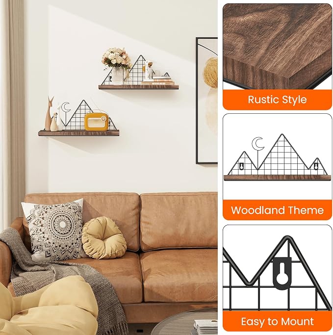 Homode Floating Shelves, Set of 2 Mountain Wall Shelves, Brown and Black