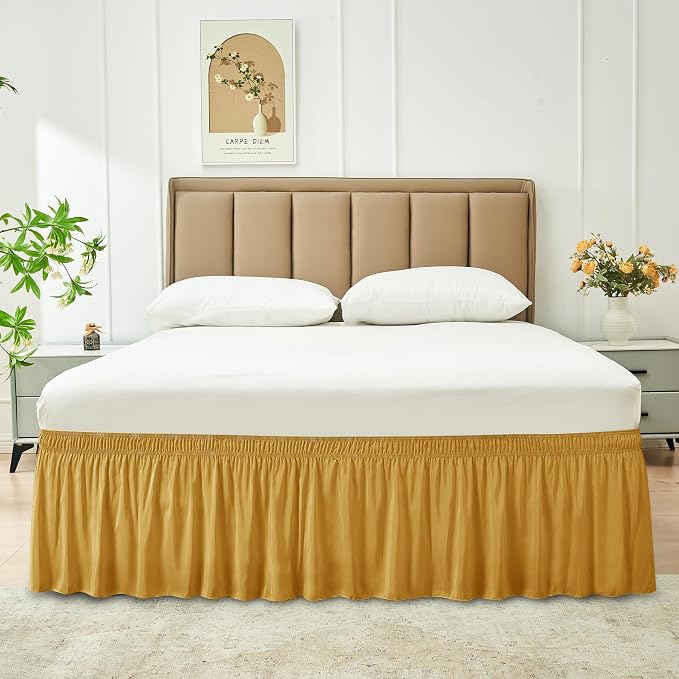 Wrap Around Bed Skirt King Size 18 Inch Drop-Elastic Dust Ruffle Gold | Adjustable Pleated Bedskirt-Easy Fit Wrinkle Resistant Washable Hotel Quality Fabric Bed Skirting-Master Guest Bedroom Rental