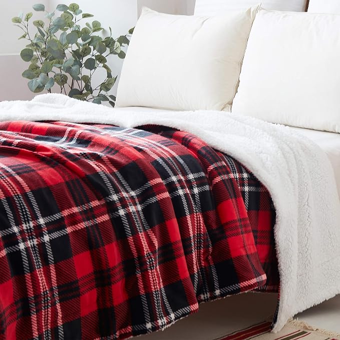 SOCHOW Sherpa Plaid Fleece Throw Blanket, 50 x 60 inches, Red/Grey | Double-Sided Super Soft Luxurious Bedding Blanket