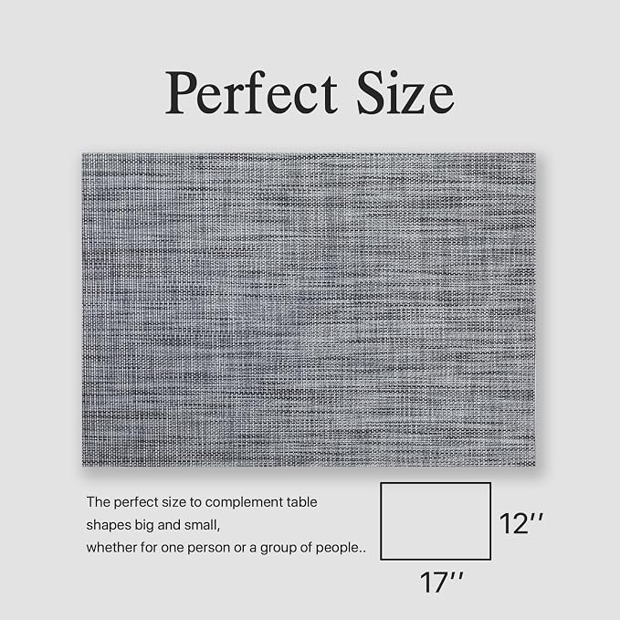 Placemats Set of 12 - Easy Clean Woven Vinyl Placemats for Dining Table, Indoor/Outdoor Place Mats, Washable PVC Table Mats（Dark Gray）