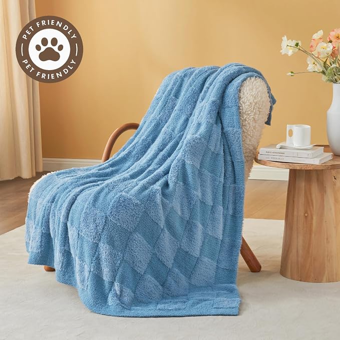 Snuggle Sac Faux Fur Throw Blanket for Couch,Knitted with Microfiber Fancy Yarn Blanket, Cozy Soft Warm Blankets for Sofa, Bedroom, Living Room, Solid Blue,50x60 inches