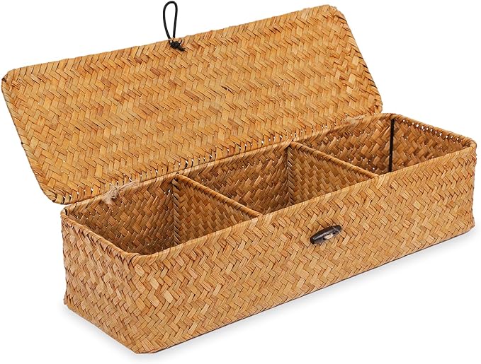 Nonam 3-Section Divided Storage Small Basket with Lid,Shelf Basket-Natural | Seagrass Organizer for Tea,Sugar,Coffee,Woven Shelf Bin for Closet,Toilet Tank,Rectangular Narrow Boho Basket Home Decor