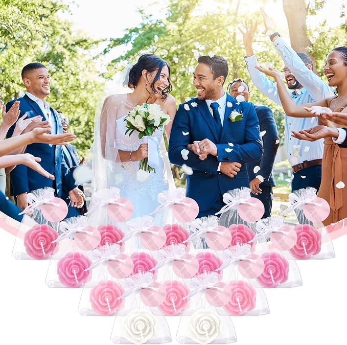 Treela 50 Set Rose Flower Candles, Pink Series Wedding Favors for Guests