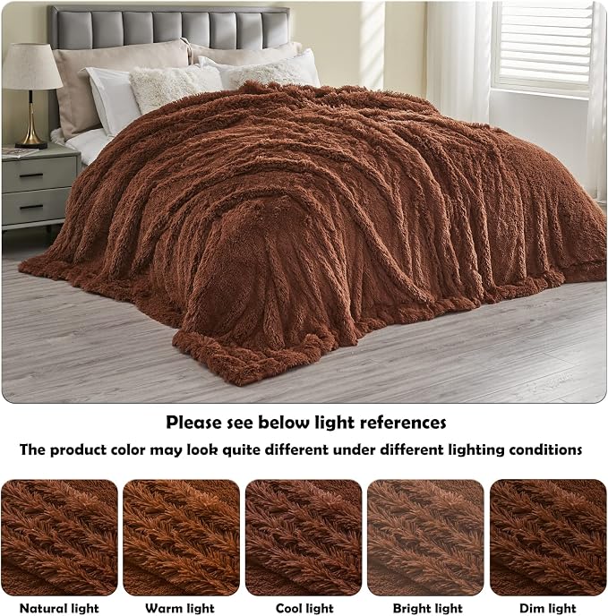 GONAAP Fuzzy Faux Fur Queen Blanket for Couch, Coffee, 90"x90" | Warm Cozy Plush Shaggy Decorative Reversible Thick Non-Heated Fleece Blanket for Sofa Bed, Gift for Women Men, All Season Use