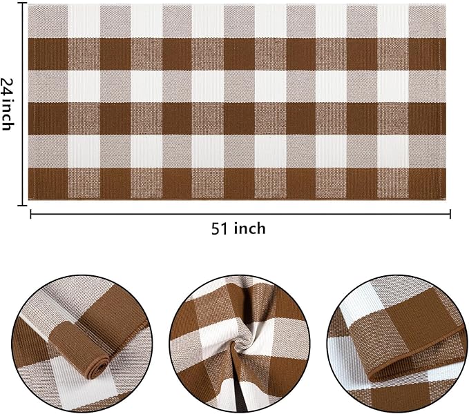 Coffee and White Outdoor Rug 24''x51''Checkered Plaid Front Porch Rug Cotton Woven Washable Door Mat Outdoor for Layered Doormat Hello Welcome Door Mat Kitchen Farmhouse Entryway