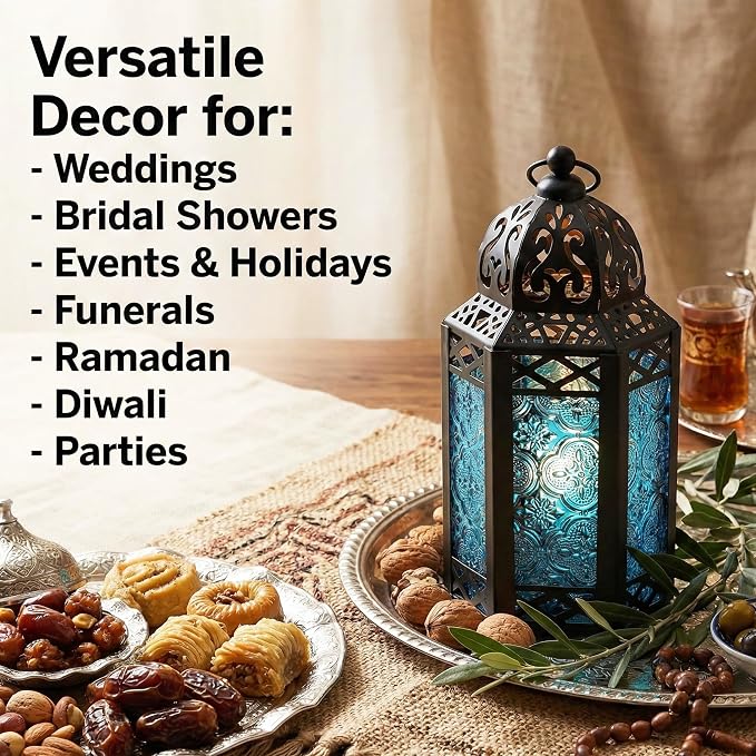 Vela Lanterns Decorative Indoor Moroccan Candle Table Centerpieces, Blue, S | Moroccan Lamp, Hurricane Glass Candle Holder, Patio Porch Decor, Arabian Nights Ramadan Centerpiece, Set of 2