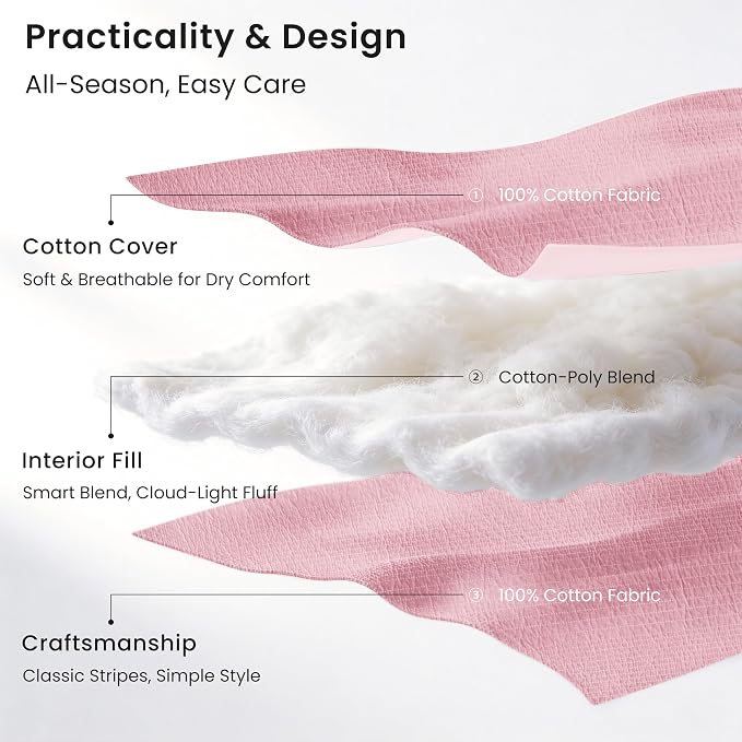 Love's cabin King Size Cotton Quilt Set, 100% Cotton Fabric Striped Textured Coverlet with Crinkled Look, Lightweight Quilted Bedspread for All Season, Includes 2 Pillow Shams, Pink