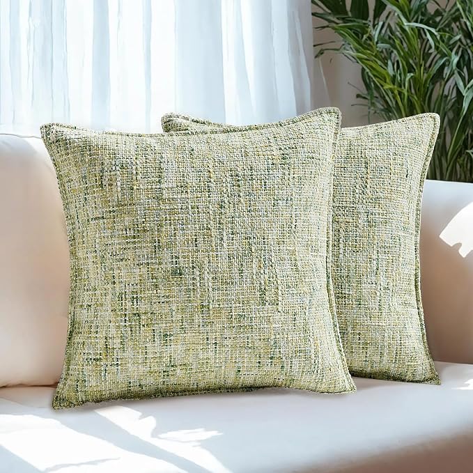 HAUSSY Pack of 2 Chenille Tweed Throw Pillow Covers 16x16 Inch, Light Green