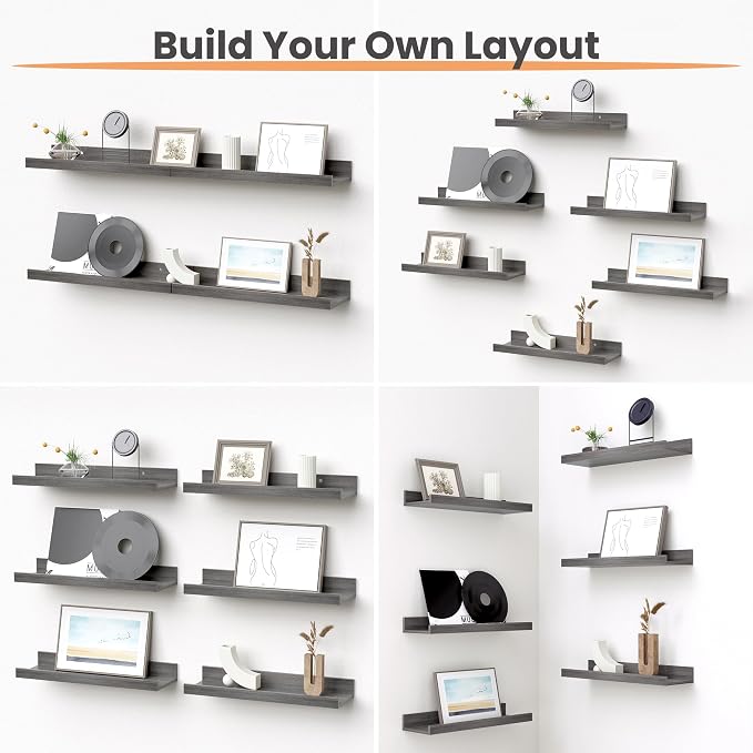 upsimples Floating Shelves for Wall Decor and Storage, Grey, 6Pcs 15.7''