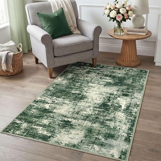 Lansny Abstract Washable Entryway Rug 3x5 Area Rug Non Slip Kitchen Rugs | Green;Thin Printed Faux Wool Door Mat;Small Rugs;Front Door Rug;Indoor Entry Rug;Rubber Backed Floor Carpet;Throw Rugs