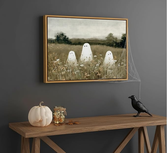 Framed-Halloween Ghost Canvas Wall Art-8x10in | Vintage Wildflowers Cute Ghost Picture Poster Print.Halloween Wall Decor for Bedroom Living Room Bathroom