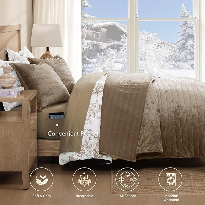 WRENSONGE Velvet Quilt Set King Size- Taupe Quilt Bedding Set with 2 Shams | Lightweight Luxury Velvet Comforter, Modern Bedspread Coverlet for All Seasons