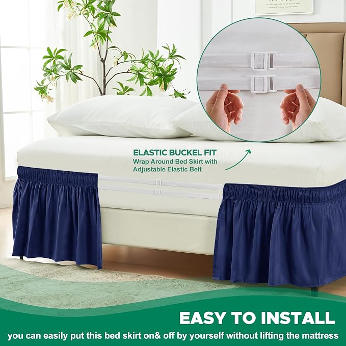 Wrap Around Bed Skirt Full Size Beds 17 Inch Drop-Elastic Dust Ruffle Navy | Adjustable Pleated Bedskirt-Easy Fit Wrinkle Resistant Washable Bed Skirting-Hotel Studio Apartment Home Guest Bedroom Rental