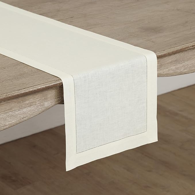 Solino Home 100% Linen Table Runner Ivory, Classic Hemstitch 14 x 120 in | brings a tailored look to family meals and hosting, hemstitched border, mitered corners, machine washable, OEKO-TEX Certified