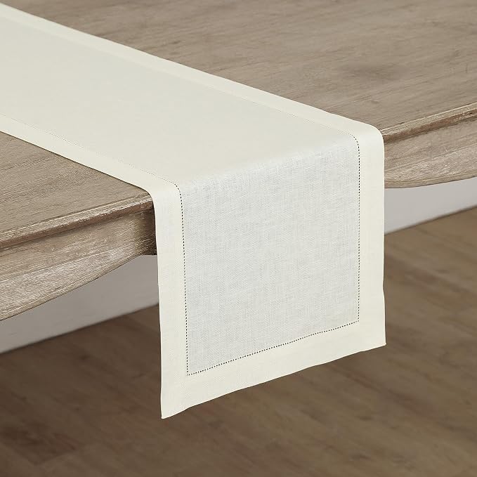 Solino Home 100% Pure Linen Dining Table Runner Ivory Hemstitch, 14 x 60 in | Classic Hemstitch, a graceful centrepiece for dining and gatherings, hemstitched border, mitered corners, OEKO-TEX Certified