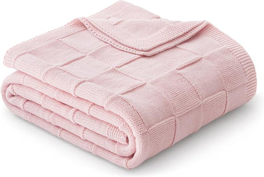 Whale Flotilla Checkered Knit Throw Blanket for Couch, Pink | Soft Decorative Knitted Blankets for Couch Sofa Bed, Lightweight Cozy Throws for Spring Summer, 60x80 Inch