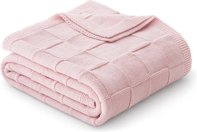 Whale Flotilla Checkered Knit Throw Blanket for Couch, Pink | Soft Decorative Knitted Blankets for Couch Sofa Bed, Lightweight Cozy Throws for Spring Summer, 50x60 Inch