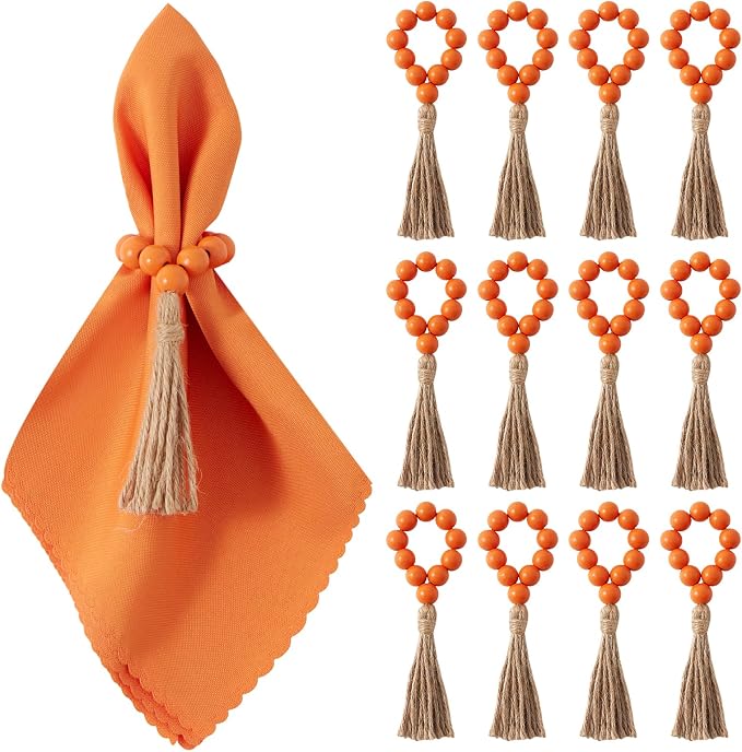APTWOW Napkin Rings Set of 12, Wood Bead Napkin Rings for Fall Table Decor | Wooden, Orange, Fall Thanksgiving Napkins Rings, Easter Farmhouse Banquet,Wedding, Holiday Dinner Party, Christmas