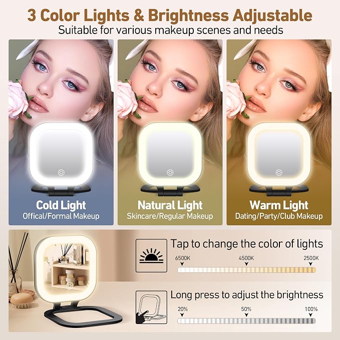 GOMIPURU Travel Mirror with Light, 1x/30x Magnifying Mirror with 3 Color Lights and Adjustable Brightness, 4.5x3.9 inch Small Compact Hangable Hand Pocket 3 Way Mirrors, Comes with Tweezer