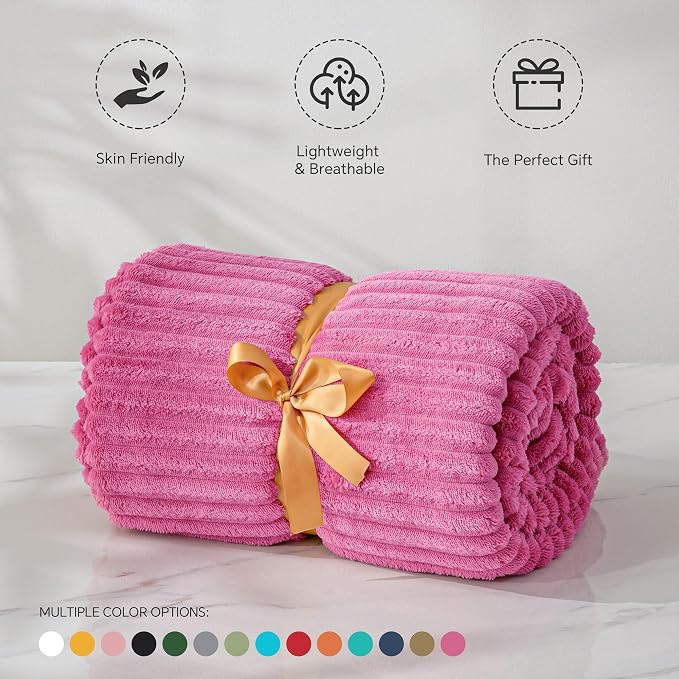 BEDELITE Ribbed Jacquard Hot Pink Fleece Twin Blanket for Bed, 60x80 Inch | Soft Warm Decorative Fluffy Blanket, Cozy Plush Lightweight Fuzzy Throw Blanket for Couch Sofa Room Decor, Gift for Women