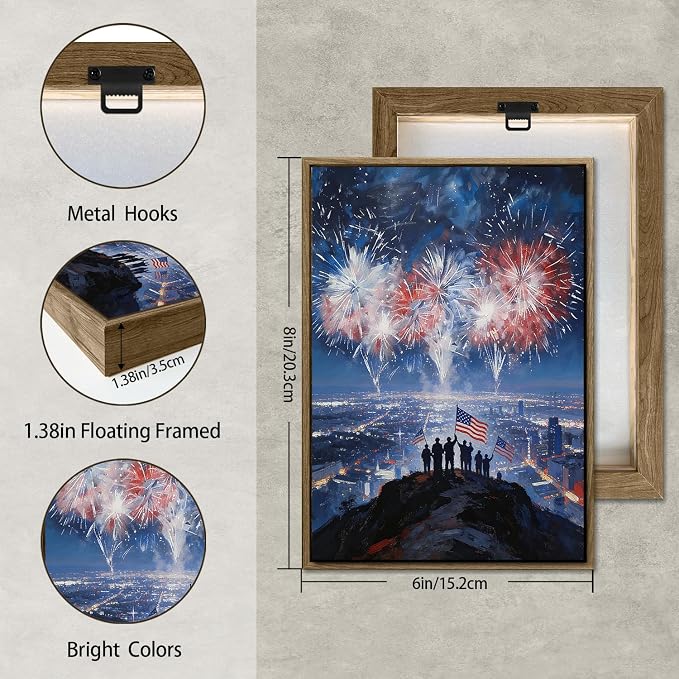 American Flag Framed Canvas Wall Art, 4th of July Patriotic Canvas Prints | Fireworks City View Poster Print, Modern Independence Day Wall Decor for Bedroom Living Room Office 6×8in
