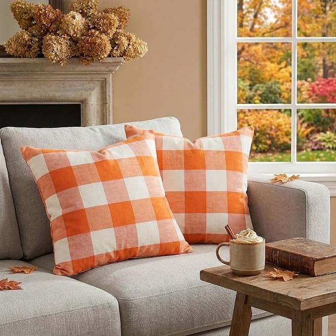 Burnt Orange Fall Buffalo Check Checkered Pillow Covers 18x18 Set of 2 | Cojines De Otoño Para Sala, Thanksgiving Autumn Pillow Covers 18 x 18, Aesthetic Fall Room Decor, Fall Front Porch Pillows