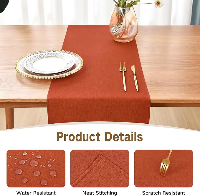 Faux Linen Table Runner Water Resistant 13 x 48 in, Rust | Farmhouse Rustic Table Runners, Coffee Table Runner, Dresser Runners for Bedroom, Living Room, Kitchen, Dining, Party