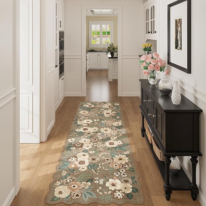 DUKINO 2x6 Runner Rug, Floral Washable Rug for Kitchen, Light Taupe | Soft, Low Pile, Non-Shedding Long Runner Rugs for Kitchen, Entryway, Bedroom, Bathroom, Pet Friendly, Home Decor, Ultra-Thin