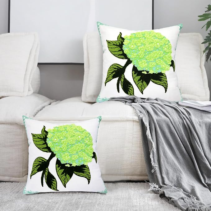 Alysheer Spring Hydrangea Embroidered Decorative Throw Pillow Covers 18"x 18" Set of 2, Summer Floral Tufted Patterned Green Cotton Cushion Cases for Couch Bed Living Room Decor
