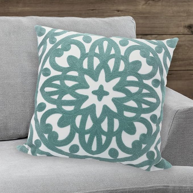 Alysheer Embroidered Decorative Throw Pillow Cover 18x18 inch, Cozy Cool Boho Mandala Chic Knit Pattern, Durable 100% Cotton Cushion Case for Sofa Couch Living Room Bedroom Office Gifts (Aqua Blue)