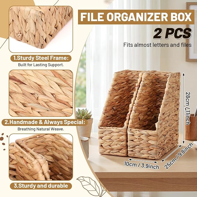 Mifoci 2 Pcs Water Hyacinth Magazine File Organizers 11*9.8*4'' | Natural Wicker Binder Holder for Desk, Magazine Basket Organizer for File Book Newspaper, Home Office Boho Wedding Decorative