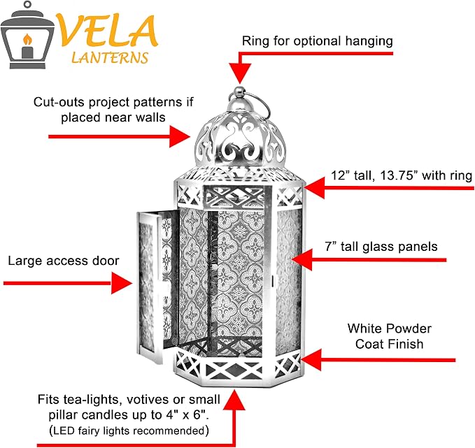 Vela Lanterns Decorative Indoor Candle Holder Table Centerpieces - Moroccan Hanging Outdoor Patio & Porch Home Decor, Turkish Lamp for Wedding, Ramadan (Large 12", White Red)