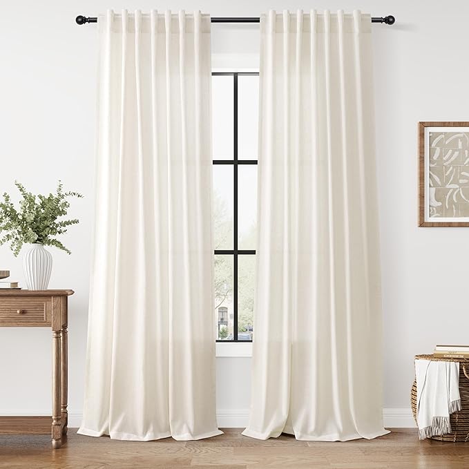 Modern Linen Curtains 96 Inches Long for Living Room Light Filtering Semi Sheer Curtain Back Tab Neutral Luxury Modern Farmhouse Decor Linen Blend Drapes for Bedroom 52x96, 2 Panels